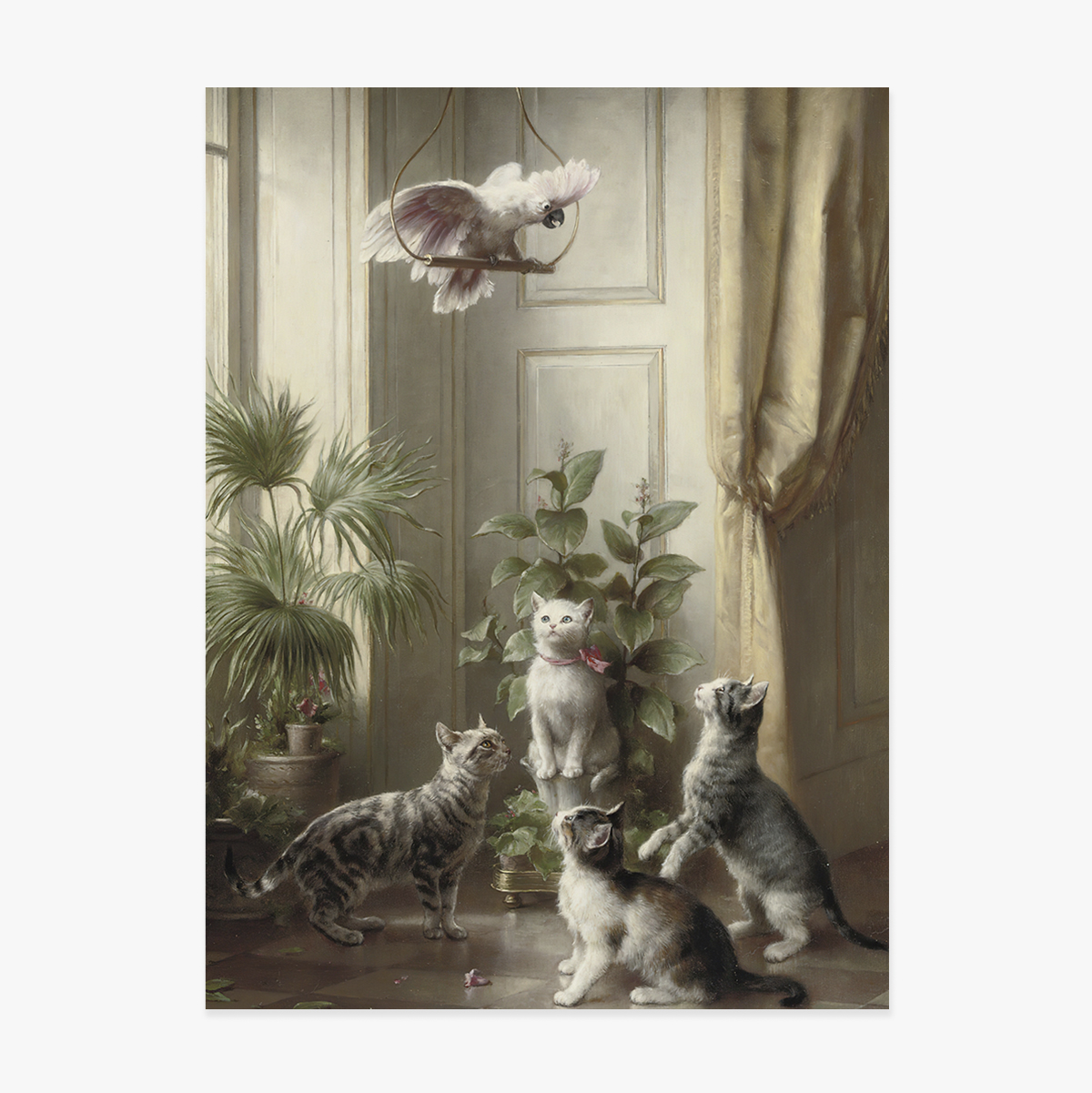 Lámina de Carl Reichert, «Gatos y cacatúas», 1898