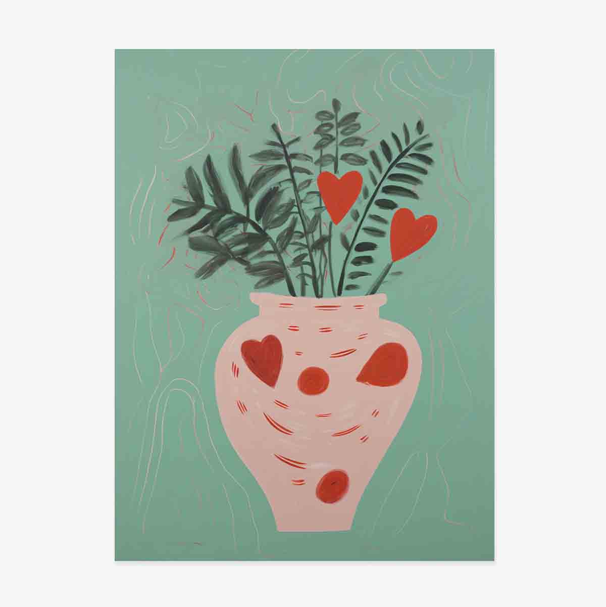 Póster con ilustraciones de plantas en maceta y corazones dibujados
