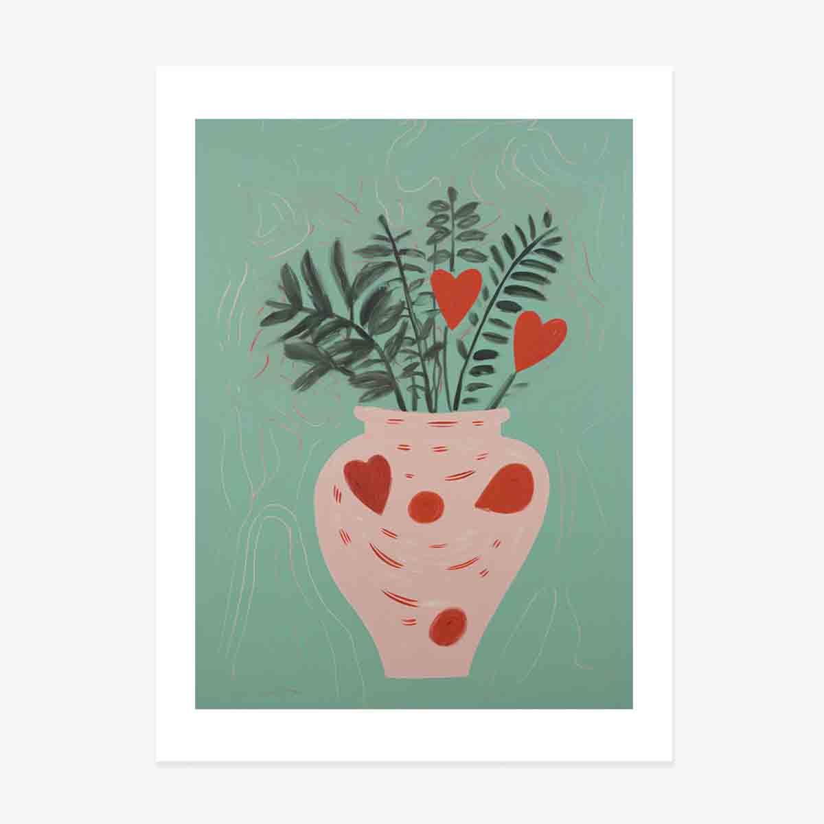 Póster con ilustraciones de plantas en maceta y corazones dibujados