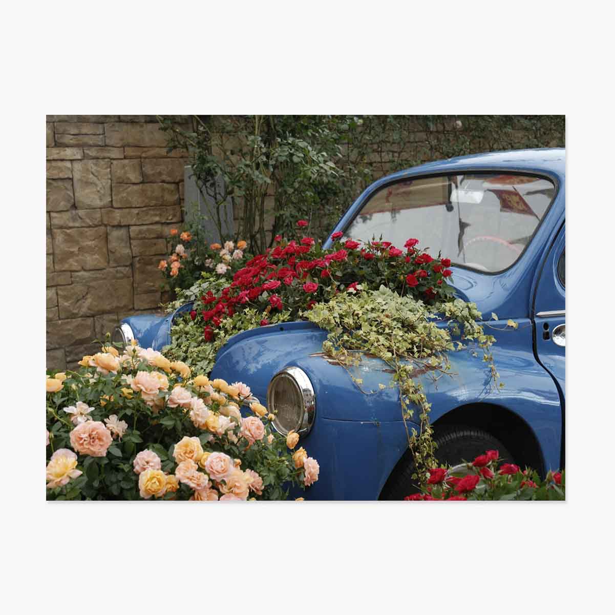 Póster de un coche azul vintage con flores