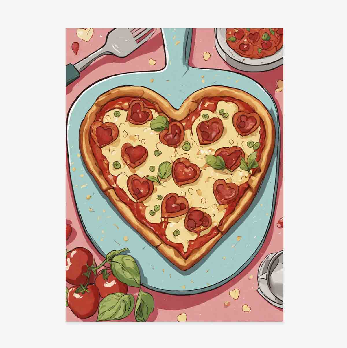 Póster de pizza en forma de corazón