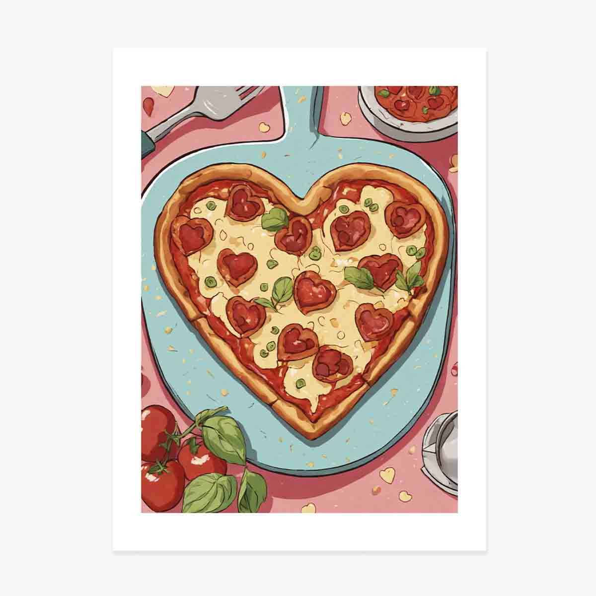 Póster de pizza en forma de corazón