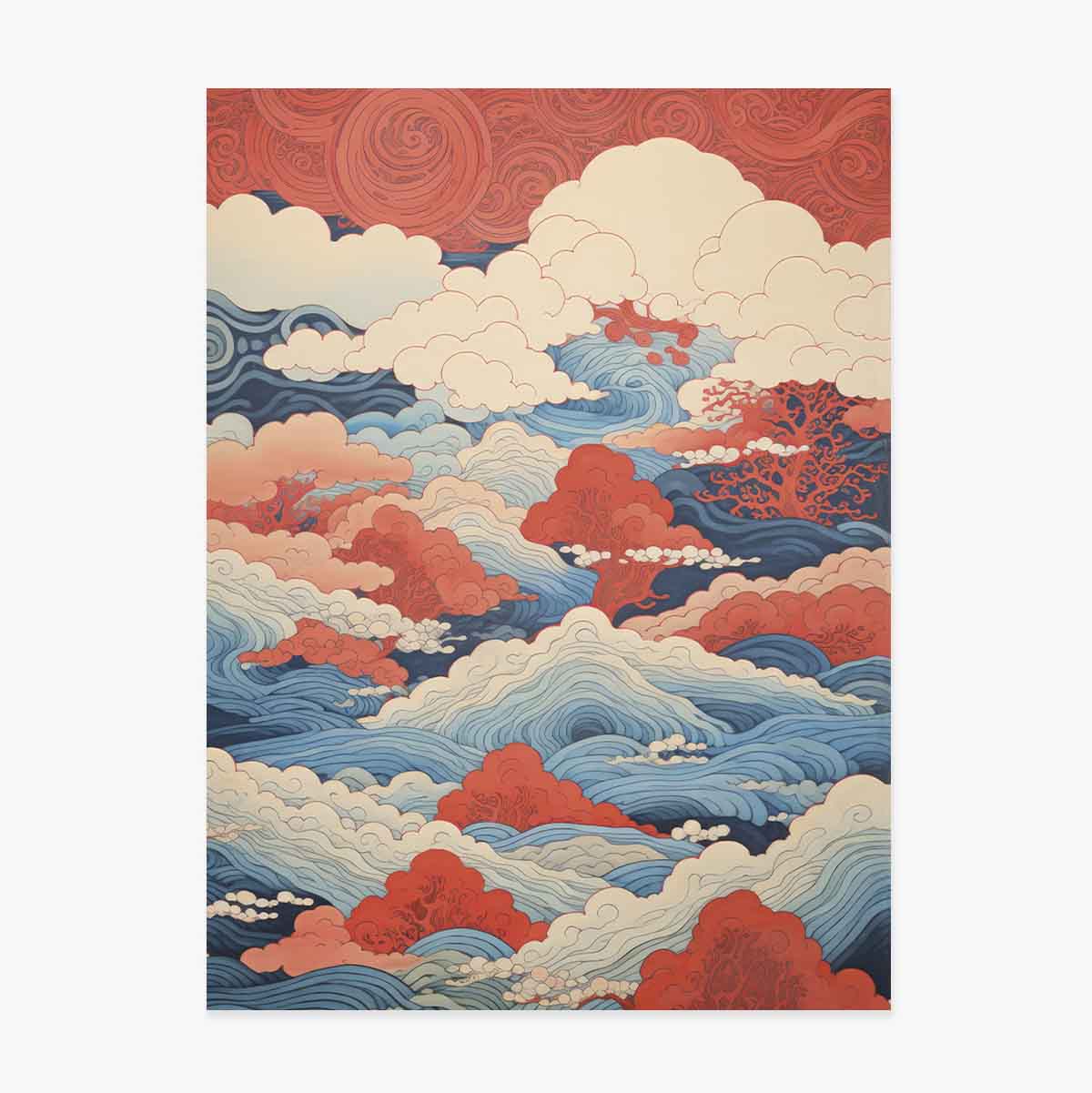 Póster de olas y nubes al estilo japonés