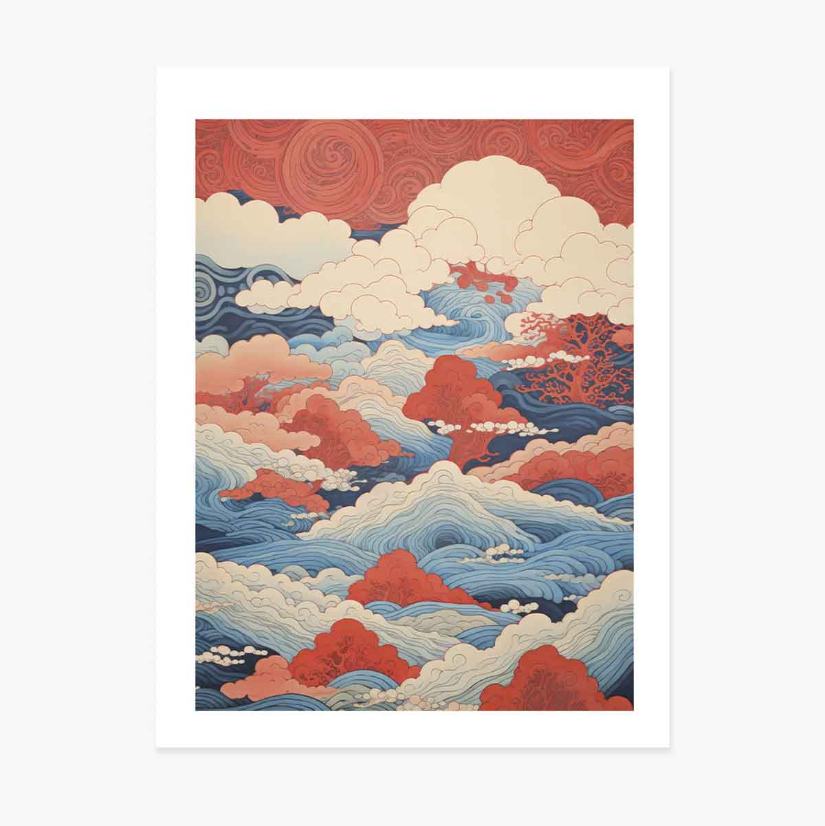 Póster de olas y nubes al estilo japonés